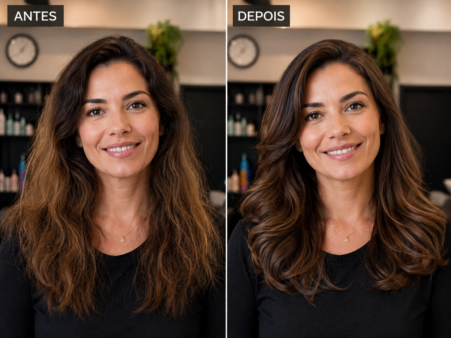 Antes e depois — coloração e escova